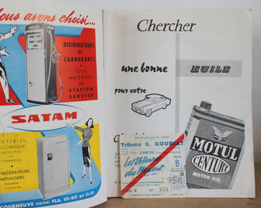 Programme officiel Les 24 heures du Mans 1958, 20 21 et 22 Juin 1958 avec sa liste officielle et un ticket de tribune 