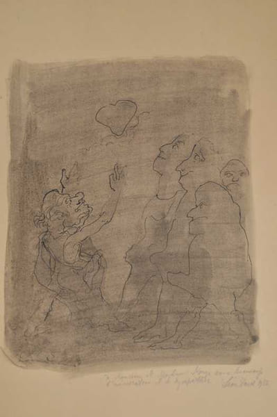 Personnages grotesques en &eacute;rection devant une lune en forme de coeur.Dessin original &agrave; la plume et au lavis - Sign&eacute; &agrave; la plume.. ZACK (L&eacute;on).