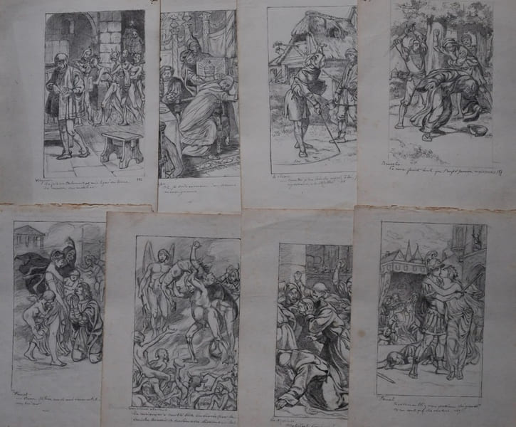 Suite de 8 DESSINS ORIGINAUX destin&eacute;s &agrave; l’illustration du Faust de Marlowe.. VAN MAELE (pseud. de Maurice MARTIN).