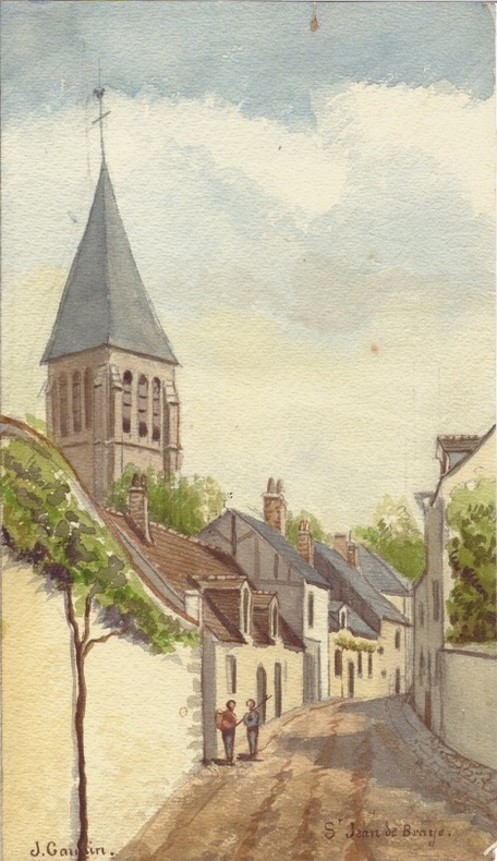 Aquarelle originale sign&eacute;e montrant une rue de Saint-Jean-de-Braye et l’&eacute;glise Saint-Jean-Baptiste. 15,5 x 27,5 cm. (vers 1900). GAUVIN (J.)