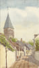 Aquarelle originale sign&eacute;e montrant une rue de Saint-Jean-de-Braye et l’&eacute;glise Saint-Jean-Baptiste. 15,5 x 27,5 cm. (vers 1900). GAUVIN (J.)