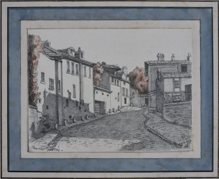 Ensemble de 7 dessins originaux sign&eacute;s et dat&eacute;s 1914, 1915, 1916 et 1917, montrant des vues de Bagneux. Dessins de 16 x 12 cm. &agrave; la mine de plomb, ...