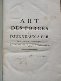 Descriptions des arts et métiers faites ou approuvées
par messieurs de l'Académie Royale des Sciences.
-Arts des forges et fourneaux à fer
-Nouvel Art d'adoucir le fer fondu et de faire des ouvrages de Fer fondu aussi finis que de fer forgé.
- Art de réduire le fer en fil connu sous le nom de fil d'archal
- De la forge des enclumes