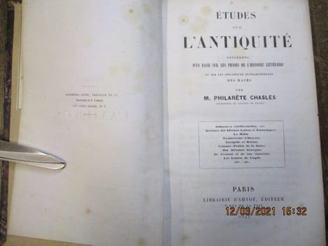 Etudes sur l'antiquité précédées d'un essai sur les phases de l'histoire littéraire et sur les influences intellectuelles des races.. CHASLES ...