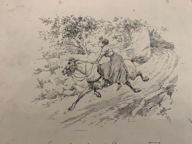 Dessin original signé 'Le cheval au'elle montais s'était certainement emporté'. Starace, Gino