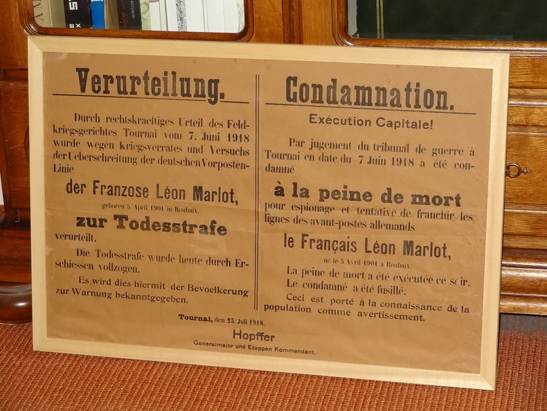 AFFICHE DE LA CONDAMNATION A MORT DU FRANÇAIS LÉON MARLOT - 1918. X