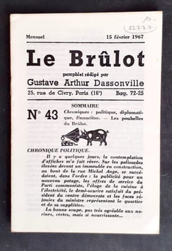 Le Brûlot - N°43 - Pamphlet rédigé par Gustave-Arthur Dassonville - 15 février 1967 -. DASSONVILLE (Gustave-Arthur) - 