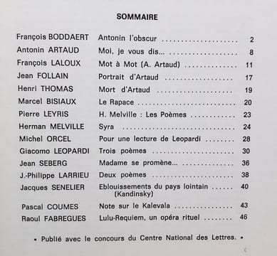 Obsidiane N°5, mars 1979. . ARTAUD (Antonin). FOLLAIN (Jean). LEOPARDI (Giacomo). MELVILLE (Herman). SEBERG (Jean). THOMAS (Henri). 
