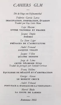 Cahiers GLM: automne 1955. . GARCIA LORCA (Federico). MASSON (Loys). LIGER (Le Sieur). FRENAUD (André). VILLON (Jacques). LIMA (Jorge de). HELLENS ...