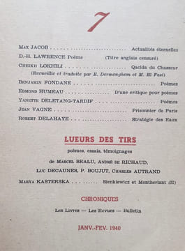 Fontaine, revue bimestrielle de culture et d'information poétiques : n°7, janvier-février 1940.. JACOB (Max) - LAWRENCE (D.-H.) - LOKHILI (Cheikh) - ...