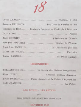 Fontaine, revue mensuelle de la poésie et des lettres françaises : n°18, février 1942.. ARAGON (Louis) - HEURGON (Jacques) - DU BOS (Charles) - ROY ...