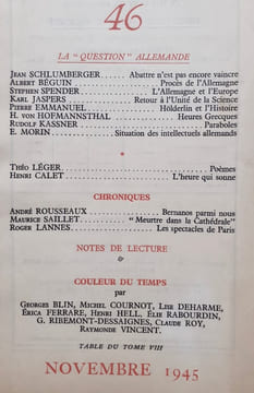 Fontaine, revue mensuelle de la poésie et des lettres françaises, n°46, novembre 1945 : La "question" allemande. . SCHLUMBERGER (Jean) - BEGUIN ...