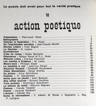 Action poétique n°50, premier trimestre 1972 - . BENJAMIN (Walter) - MANDELSTAM (Ossip) - LOWRY (Malcom) - FAYE (Jean-Pierre) - PARANT (Jean-Luc) - ...