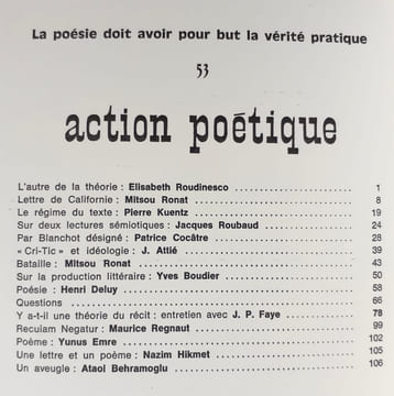 Action poétique n°53, juin 1973. . HIKMET (Nazim) - EMRE (Yunus) - BEHRAMOGLU (Ataol) - FAYE (Jean-Pierre) - ROUDINESCO (Elisabeth) - ROUBAUD ...
