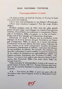 Correspondance à trois. Eté 1926. . RILKE (Rainer Maria) - PASTERNAK (Boris) - TSVETAIEVA (Marina) -