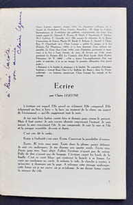 Ecrire, par Claire Lejeune - Prologue, par Roger Munier. Le Courrier du centre international d’études poétiques, n°58, novembre 1966.