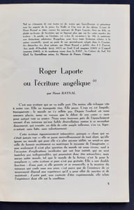 Roger Laporte ou l’écriture angélique, par Henri Raynal. Le Courrier du centre international d’études poétiques, n°64, février 1968.