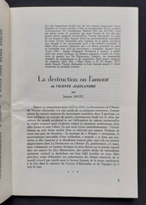 La destruction ou l’amour de Vicente Aleixandre, par Jacques Ancet. Paul Eluard et la picturalité poétique, par Albert Mingelgrün. Le Courrier du centre international d’études poétiques, n°109, septembre-octobre 1975.
