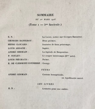 Les Ecrits nouveaux, n°5, mars 1918.. BANNEROT (Georges). CLOUARD (Henri). ARDANE (Louis). GERMAIN (André). TOULET (Paul). PIECHAUD (Louis). ...