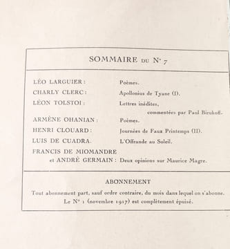 Les Ecrits nouveaux. N°7, mai 1918.. LARGUIER (Léo). CLERC (Charly). TOLSTOI (Léon). OHANIAN (Armène). CLOUARD (Henri). CUADRA (Luis de). MIOMANDRE ...