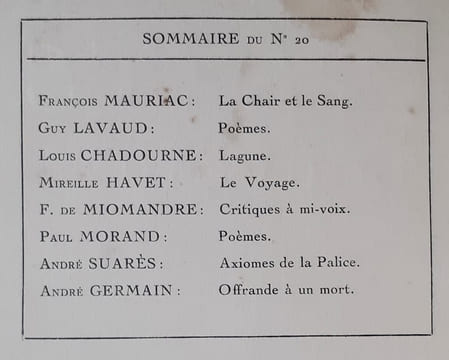 Les Ecrits nouveaux. N°20, aout 1919.. MAURIAC (François). LAVAUD (Guy). CHADOURNE (Louis). HAVET (Mireille). MIOMANDRE (Francis de). MORAND (Paul). ...