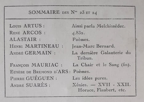 Les Ecrits nouveaux. N°23 et 24, novembre-décembre 1919.. ARTUS (Louis). ARCOS (René). ALASTAIR. MARTINEAU (Henri). GERMAIN (André). MAURIAC ...