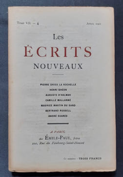 Les Ecrits nouveaux. Tome VII. n°4, avril 1921.. DRIEU LA ROCHELLE (Pierre). GHEON (Henri). MALLARME (Camille). RUSSELL (Bertrand). SUARES (André). ...