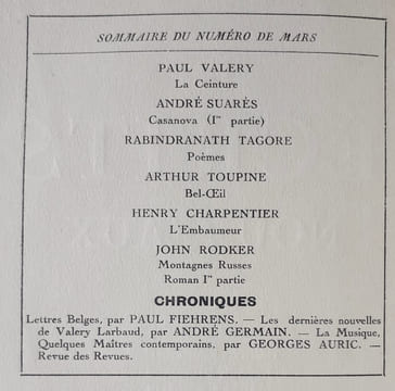 Les Ecrits nouveaux. Tome IX. N°3, mars 1922.. SUARES (André). TAGORE (Rabindranath). TOUPINE (Arthur). VALERY (Paul).AURIC (Georges). CHARPENTIER ...