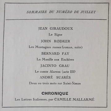 Les Ecrits nouveaux. Tome IX. N°7, juillet 1922.. FAY (Bernard). GIRAUDOUX (Jean). MALLARME (Camille). GRAU (Jacinto). SUARES (André). RODKER (John).