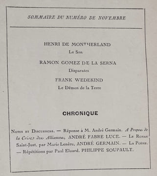 Les Ecrits nouveaux. Tome IX. N°11, novembre 1922.. WEDEKIND (Frank). SOUPAULT (Philippe). GERMAIN (André). MONTHERLANT (Henri). GOMEZ DE LA SERNA ...