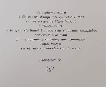 La Traverse n°7, octobre 1973 -. JACCOTTET (Philippe) - PERRIER (Anne) - JOURDAN (Pierre-Albert) - DHOTEL (André) -THOMAS (Henri) - JOURDAIN (Stephen) ...