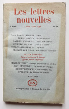 Les Lettres Nouvelles : n°62, juillet-août 1958.. DU BOUCHET (André). BRAUNER (Victor). JIMENEZ (Juan Ramon). JULIET (Charles). GURVITCH (Georges). ...