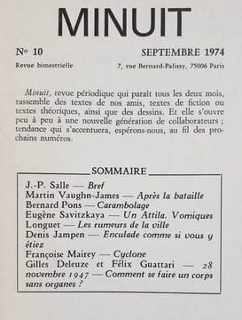 Minuit n°10, septembre 1974.. DELEUZE (Gilles). GUATTARI (Félix). SALLE (J.P.). VAUGHN-JAMES (Martin). PONS (Bernard). SAVITZKAYA (Eugène). LONGUET ...