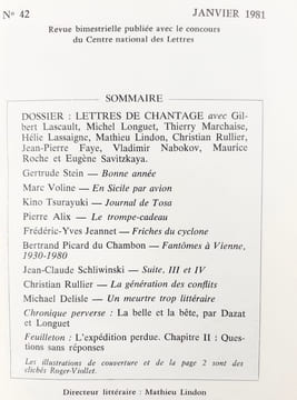 Minuit n°42 - janvier 1981. . NABOKOV (Vladimir). LINDON (Mathieu). ROCHE (Maurice). STEIN (Gertrude). TSURAYUKI (Kino). ALIX (Pierre). JEANNET ...