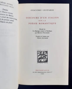 Discours d'un Italien sur la poésie romantique. Précédé de Un barrage contre le Pacifique par Bruno Pinchard.