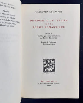 Discours d'un Italien sur la poésie romantique. Précédé de Un barrage contre le Pacifique par Bruno Pinchard. . LEOPARDI (Giacomo) -