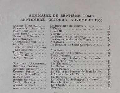 Vers et prose. Défense et illustration de la haute littérature et du lyrisme en prose et poésie. Tome VII: septembre-octobre-novembre 1906.