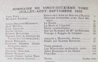 Vers et prose. Défense et illustration de la haute littérature et du lyrisme en prose et poésie. Tome XXII: juillet-août-septembre 1910. 