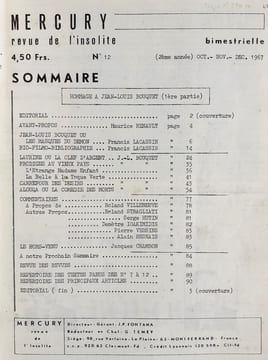 Mercury, revue de l'insolite n°12/13. 1967. Hommage à Jean-Louis Bouquet. . BOUQUET (Jean-Louis). LACASSIN (Francis). STRAGLIATI (Roland). VERSINS ...