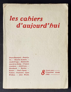 Les cahiers d’aujourd’hui: n°8, janvier 1922.. WERTH (Léon). JOURDAIN (Francis). BONNARD (Pierre). COLIN (Paul). ESMEIN (Maurice). LOOS (Adolf). ...