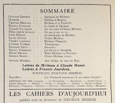Les cahiers d’aujourd’hui: n°9, 1922 : numéro spécial consacré à Octave Mirbeau. . MIRBEAU (Octave). AUDOUX (Marguerite). SEVERINE. WERTH (Léon). ...