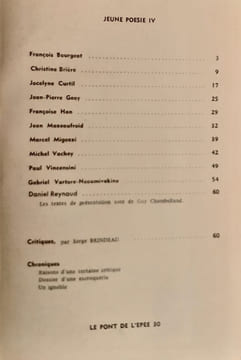 Le Pont de l'épée : n°30, 1965. Jeune poésie IV. . BOURGEAT (François). BRIERE (Christine). CURTIL (Jocelyne). GEAY (Jean-Pierre). MAZEAUFROID (Jean). ...