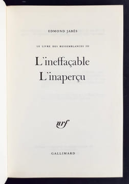 L'ineffaçable, L'inaperçu - Le livre des Ressemblances, III -. JABES (Edmond) -
