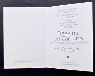 Carton d'invitation à l'inauguration + dossier de presse de l'exposition "Dessins de Zadkine" présentés au Musée Rodin du 08 novembre 1994 au 08 janvier 1995.