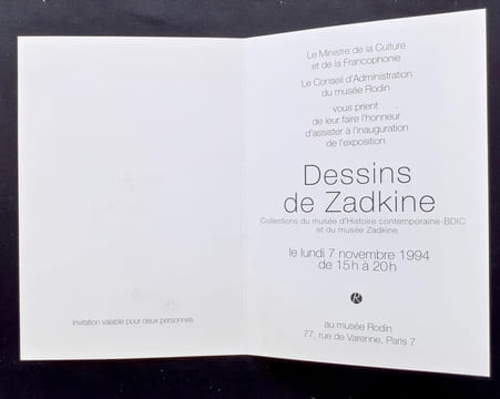 Carton d'invitation à l'inauguration + dossier de presse de l'exposition "Dessins de Zadkine" présentés au Musée Rodin du 08 novembre 1994 au 08 ...