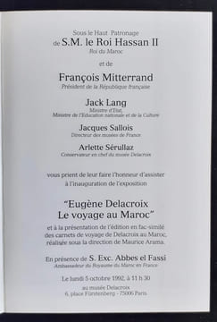 Carton d'invitation à l'inauguration + documentation illustrée en couleurs autour de l'exposition "Eugène Delacroix, le voyage au Maroc" présentée au ...
