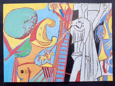 Carton d'invitation à l'inauguration + dossier de presse de l'exposition "Corps crucifiés" présentée au musée Picasso du 18 novembre 1992 au 1er mars 1993.