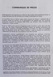 Carton d'invitation à l'inauguration + dossier de presse de l'exposition "Corps crucifiés" présentée au musée Picasso du 18 novembre 1992 au 1er mars 1993. 