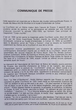 Carton d'invitation à l'inauguration + dossier de presse de l'exposition "Corps crucifiés" présentée au musée Picasso du 18 novembre 1992 au 1er mars ...