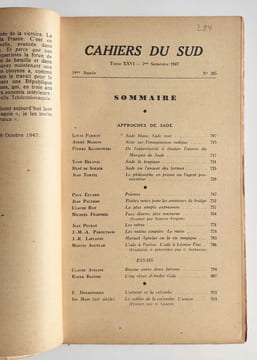 Cahiers du Sud. N°285. 2ème semestre 1947. . ELUARD (Paul). PARROT (Louis). MASSON (André). KLOSSOWSKI (Piperre). SOLIER (René de). TORTEL (Jean). ...
